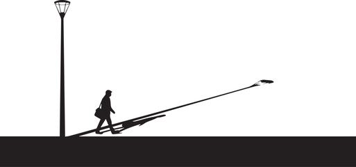 Man walking under street light creating a long shadow vector silhouette illustration line art