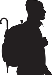 Man with a backpack and an umbrella side view vector silhouette illustration line art