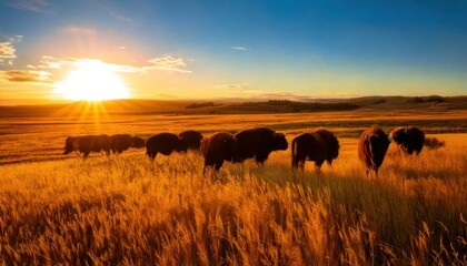 Bison herd silhouetted against a vibrant sunset in a golden field.