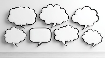Fototapeta premium Collection of Blank Speech Bubbles on a White Wall: Communication, Discussion, and Idea Concept