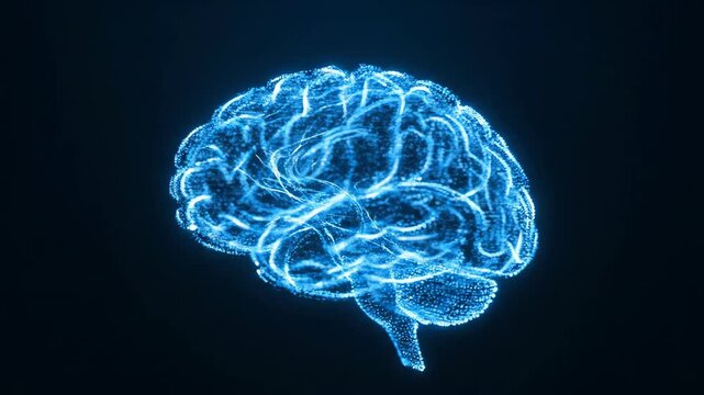 Digital Artificial Intelligence Human Brain Interface with Glowing Blue Particles and Neural Network Connections