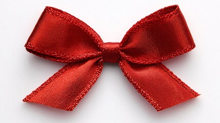 Close-up of a shiny red satin bow with detailed stitching on white background