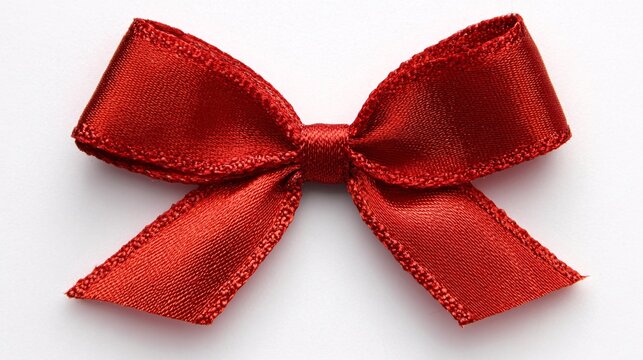 Close-up of a shiny red satin bow with detailed stitching on white background