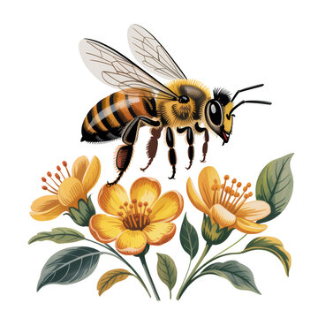 Vintage-style detailed illustration of a honey bee above yellow flowers isolated on transparent background