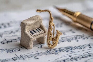Naklejka premium Miniature piano and saxophone sit on sheet music, a pen in the background