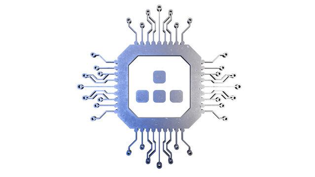 Metal 3d illustration of microcircuits chip, on transparent background