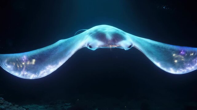 Bioluminescent manta ray gliding toward camera in deep ocean with shimmering wing patterns