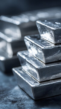 Silver bar bullion ingot stack metal investment finance wealth, editorial close up of stacked silver bar on dark surface, secure value