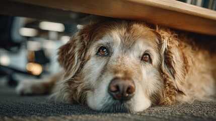 Golden Retriever Dog Resting Under Table