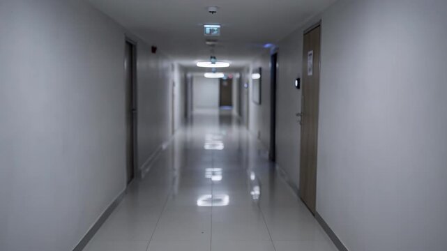 Medium shot of an LED ceiling fixture illuminating a modern corridor with motion sensors subtly visible in the blurred background.