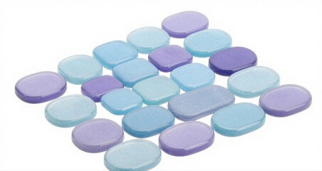 Blue and Purple Pills Medicine Tablets Isolated on White Background