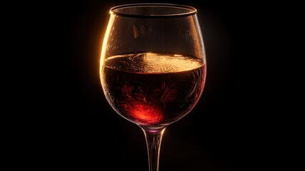 Obraz premium Elegant Wine Glass with Red Wine Glowing in Dark Ambiance, Perfect for Celebration and Relaxation