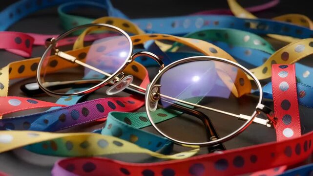 Close-up of stylish eyewear surrounded by colorful ribbons with polka dots on a dark surface, creating a playful atmosphere