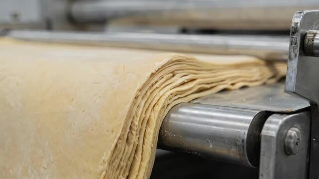 Medium shot of laminated dough layers smoothly merging on conveyor belt showcasing the delicate folding process essential for crispy flaky cracker texture in factory.