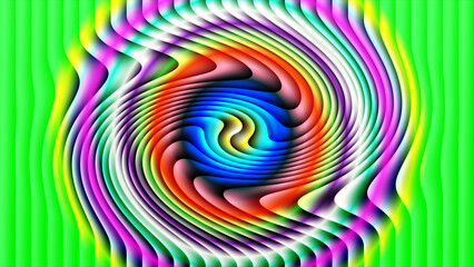 Vibrant colorful swirling spiral pattern with layers of rainbow hues and green background creating a mesmerizing visual effect in a futuristic design