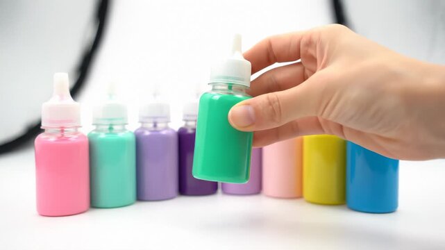 Hand Picking Up Green Pigment Dropper Bottle From Row of Colorful Craft Supplies