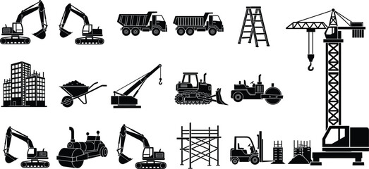 Construction equipment silhouettes collection, excavators cranes dump trucks scaffolding machinery, industrial building tools black vector illustration set isolated on white background © It's Raju