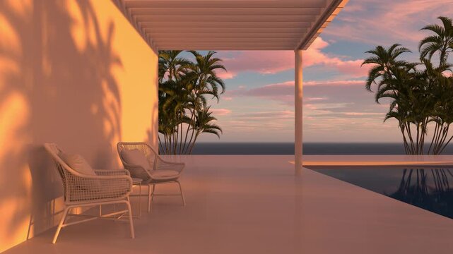 Geometric arched white wall with layered cutouts and shadows of palm tree branches. 3D architectural background. Design for banner, poster, wallpaper, and header.