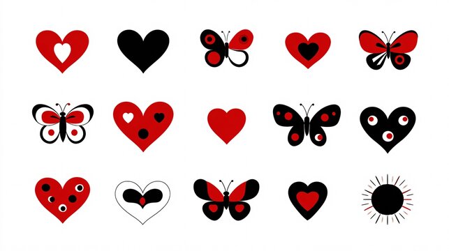Colorful red and black heart and butterfly icons on white background with flat design