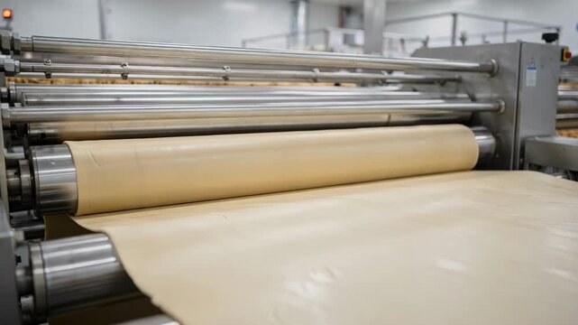Medium shot showing conveyorfed rollers shaping dough into consistent sheets for baked bite snacks focusing on the smooth even thickness before cutting.