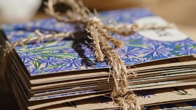 A close-up of handmade floral seed packets tied with rustic twine. A stack of botanical gifts for a gardener. Sustainable gardening hobby concept