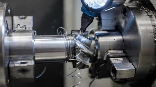 Medium shot of precision external thread milling on a small metal shaft held securely in a chuck highlighting detailed machining and tool engagement.