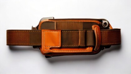 Brown leather belt with attached pouch and buckle on white background.