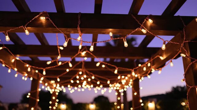 Warm string lights glowing on a wooden garden pergola at twilight. Festive outdoor decoration for a backyard party or wedding celebration. Cozy and romantic ambiance