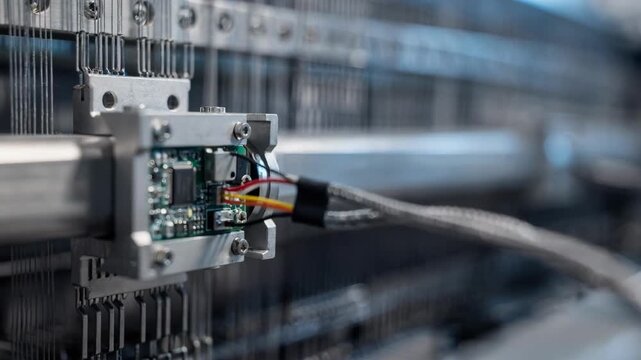 Closeup of innovative vibration sensors integrated into loom heddles monitoring operational stability in a smart textile manufacturing setup.