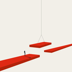 Obraz na płótnie Canvas This minimal illustration shows a female professional building a red bridge across a gap. The vector concept is a symbol for finding a business solution and overcoming a difficult challenge.