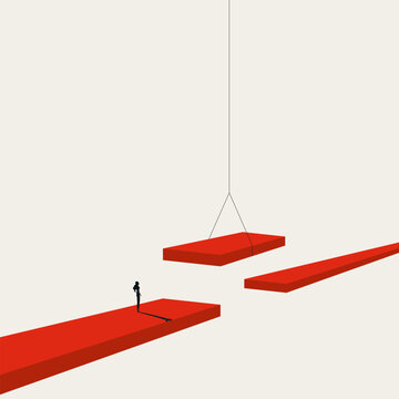 This minimal illustration shows a female professional building a red bridge across a gap. The vector concept is a symbol for finding a business solution and overcoming a difficult challenge.