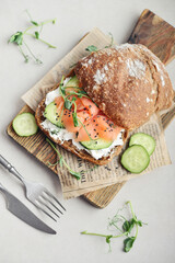 Rye bread sandwich with salted salmon,