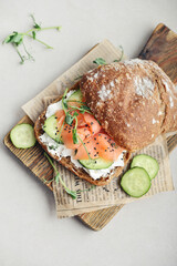 Rye bread sandwich with salted salmon,
