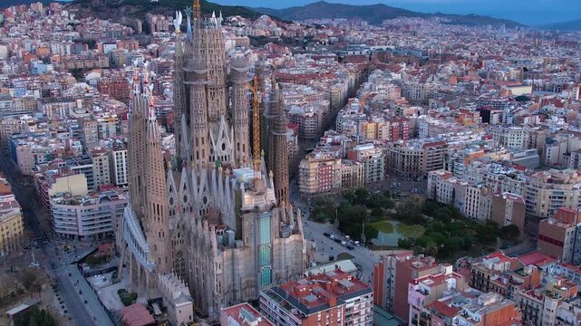 A panoramic aerial view around the east town of the city Barcelona in Spain on an early spring morning.