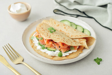 Oatmeal pancakes with slightly salted salmon