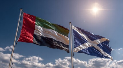 Flags of United Arab Emirates and Scotland flying together in the sky	