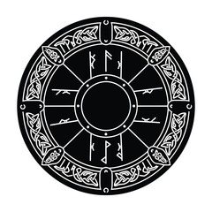 Mystical Nordic Rune Wheel with White Celtic Knotwork Pattern