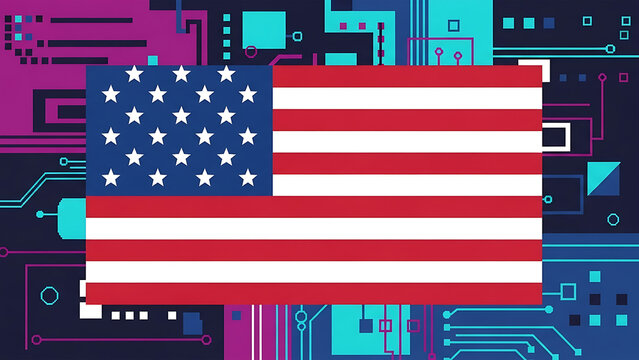 American Flag on Digital Circuit Board Background High Tech Concept