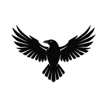 Graphic Black Raven Silhouette with Spread Wings on White Background