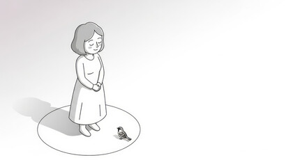 Obraz premium A young woman feeling contemplative stands in a circle, gazing at a small bird on the ground, set against a minimalist, neutral background, with copy space for Valentine's Day themes.