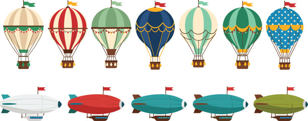 Hot air balloon and airship illustration set with colorful vintage flying transport vehicles for travel adventure design © Sumon Creative