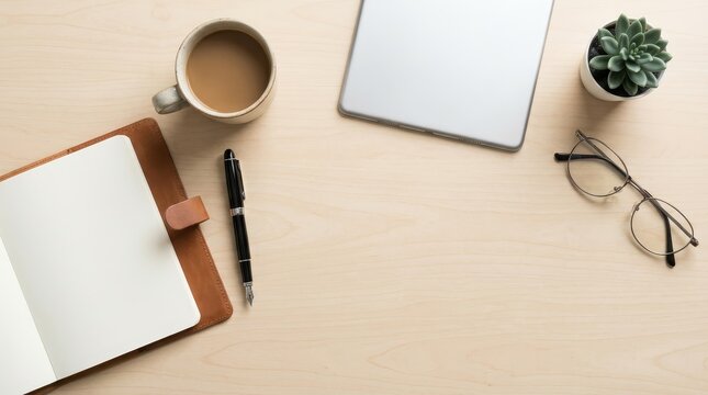 Overhead view of a modern workspace with coffee and technology