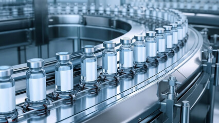 Obraz premium Mass production of pharmaceutical ampoules on an automated assembly line