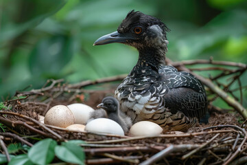 Fototapeta premium Bird sitting on a nest with several eggs and a chick in a lush green environment, showcasing natural wildlife and nesting behavior