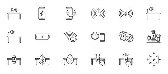 Fototapeta premium Wireless charging technology thin line icon set featuring smartphone, battery, power bank, and mobile device pictograms for user interface design and modern electronics concepts