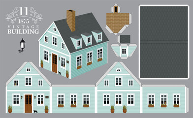 Fototapeta premium Vector white wooden Scandinavian house in a classic style. Vector mockup for paper. Cute vintage Christmas toy house.
