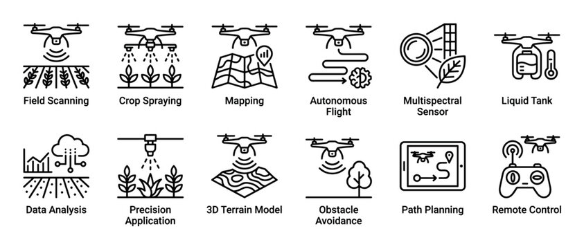 Agricultural drone technology line icon set illustrating smart farming concepts like field scanning, crop spraying, mapping, autonomous flight, and precision application for modern agriculture