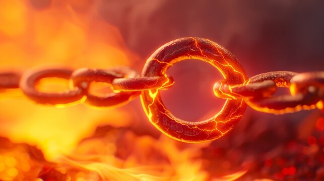 A chain with a circle in the middle that is surrounded by fire. The fire is orange and the chain is red