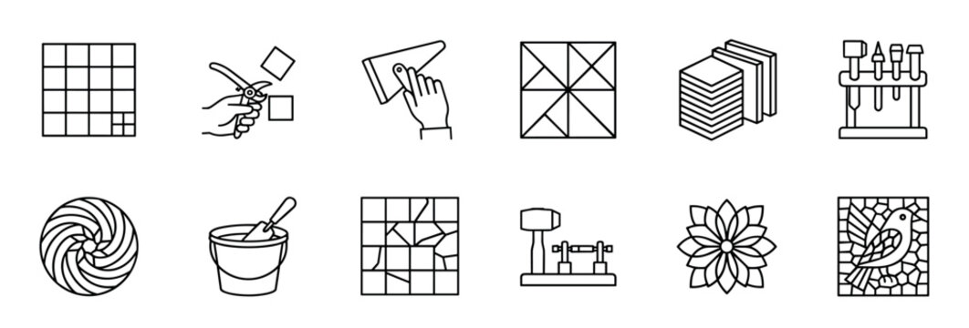 Mosaic art and craft line icon set showing tools, materials, and patterns for creating decorative tilework, including nippers, trowel, grout, and various finished designs