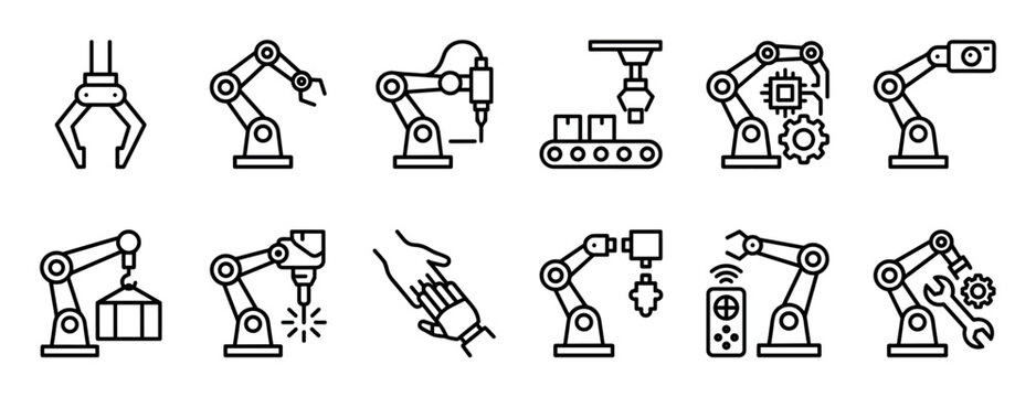 Collection of robotic arm icons showing industrial automation, manufacturing processes, and assembly line technology in a simple black and white line art vector illustration set